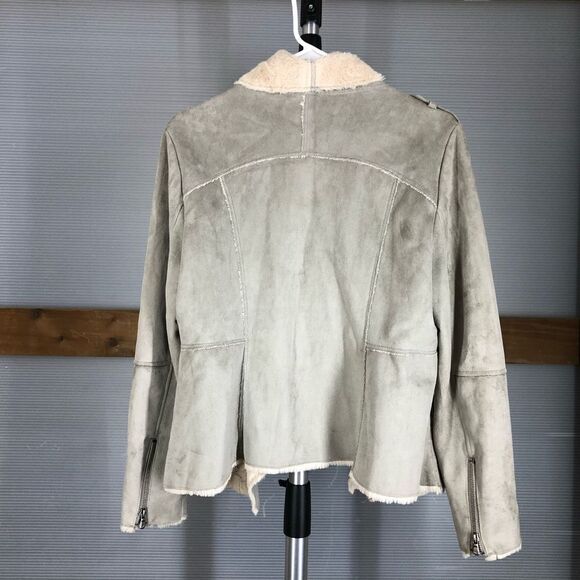Fantazia Taupe Faux Suede & Cream Faux Fur‎ Lined Cardigan Open Jacket Sz M - Picture 8 of 10
